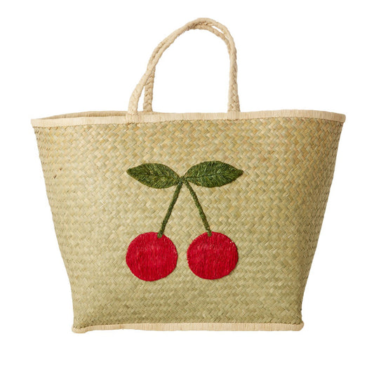 Veske i raffia med kirsebærmotiv